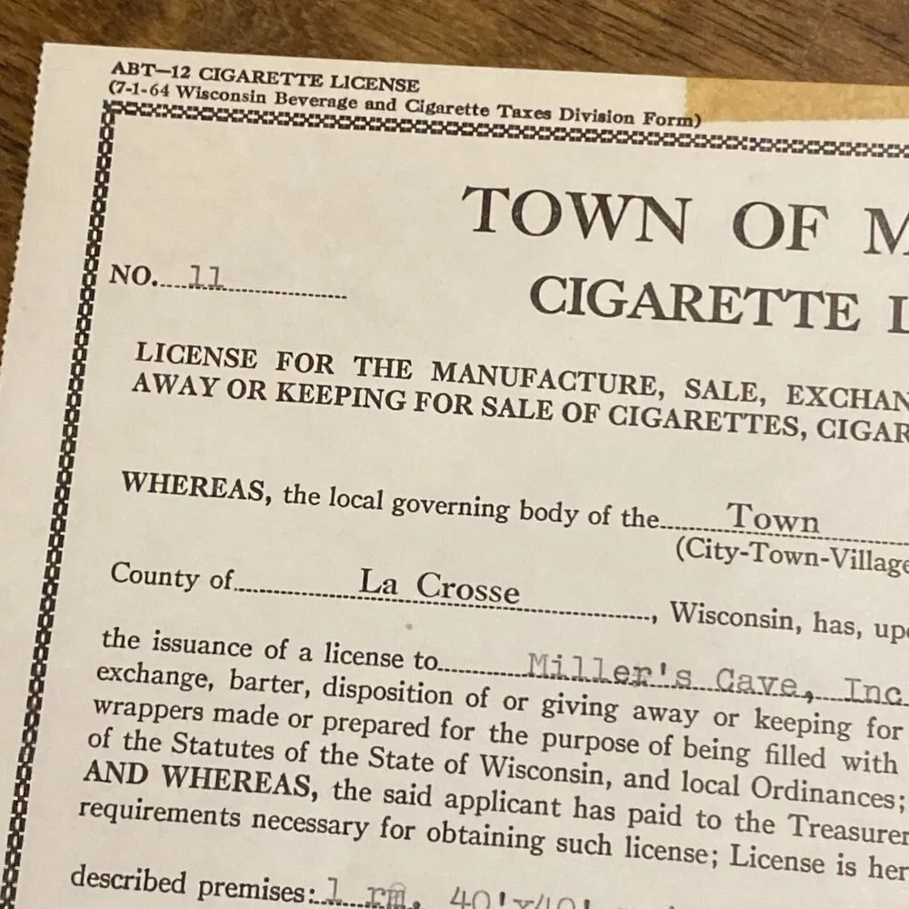 Vintage 1975 Liquor License Cigarette Permit Millers Cave La Crosse WI Ephemera